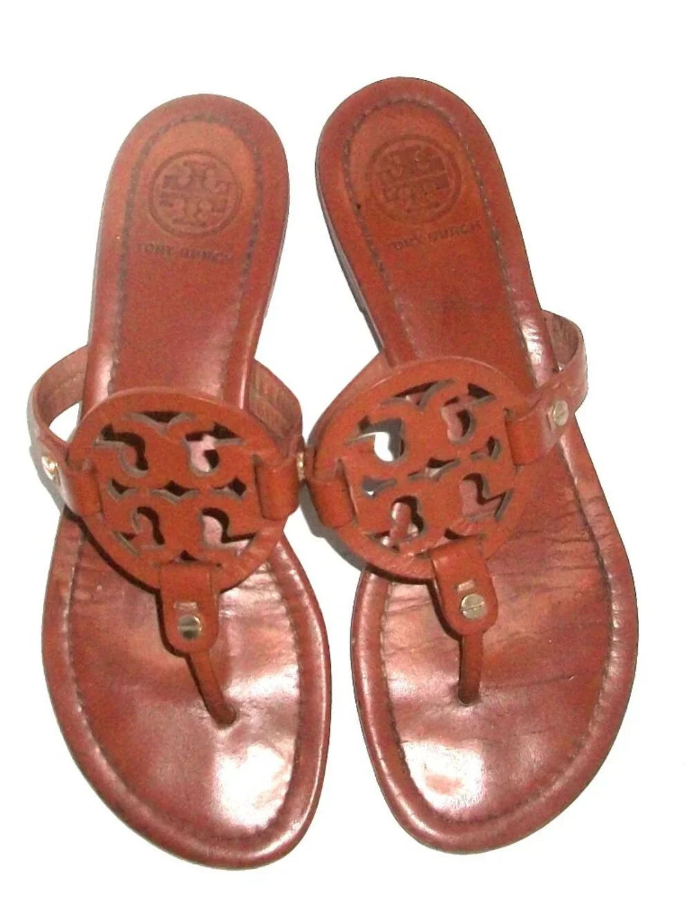 Tory Burch Miller Caramel Leather Large-Logo Thong Sandals